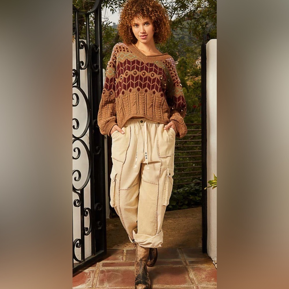 POL Wide Leg Cargo Pants Brown Beige Boho Elastic Waist Size NWOT
